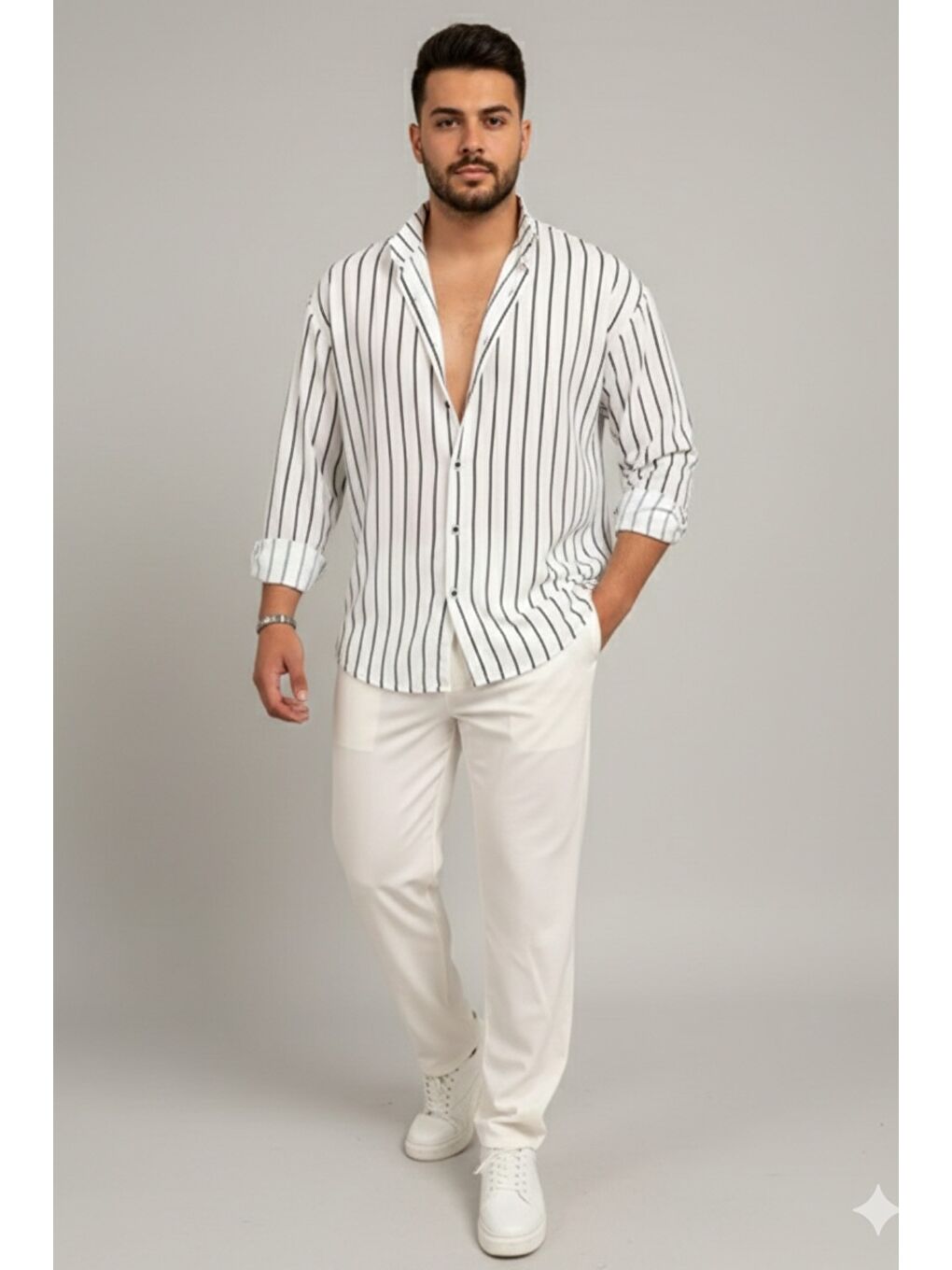 Beyaz Erkek İki Çizgili Regular Relaxed Fit Uzun Kollu Gömlek-2