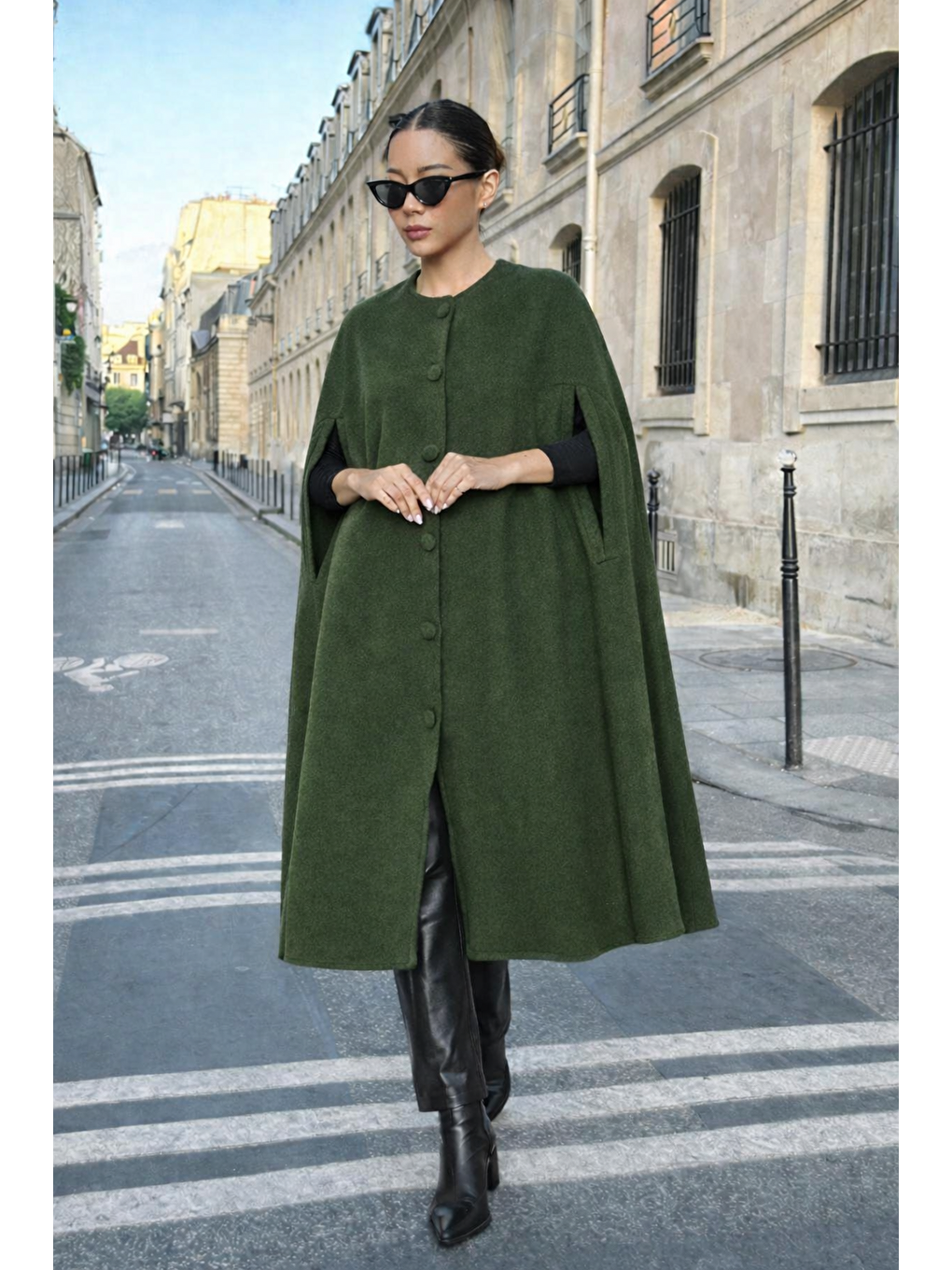 Kadın Günlük Kolsuz Bol Haki Kaşe Panço