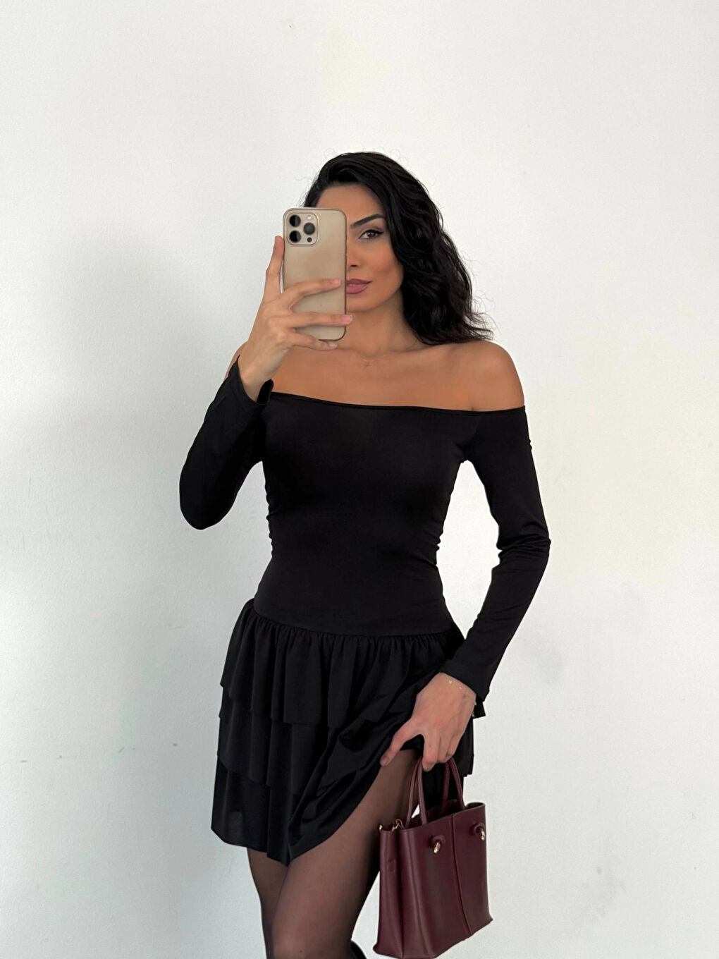 Kadın Siyah Straplez Yaka Kat Kat Etek Detaylı Mini Elbise HZL25W-FRY123581-3