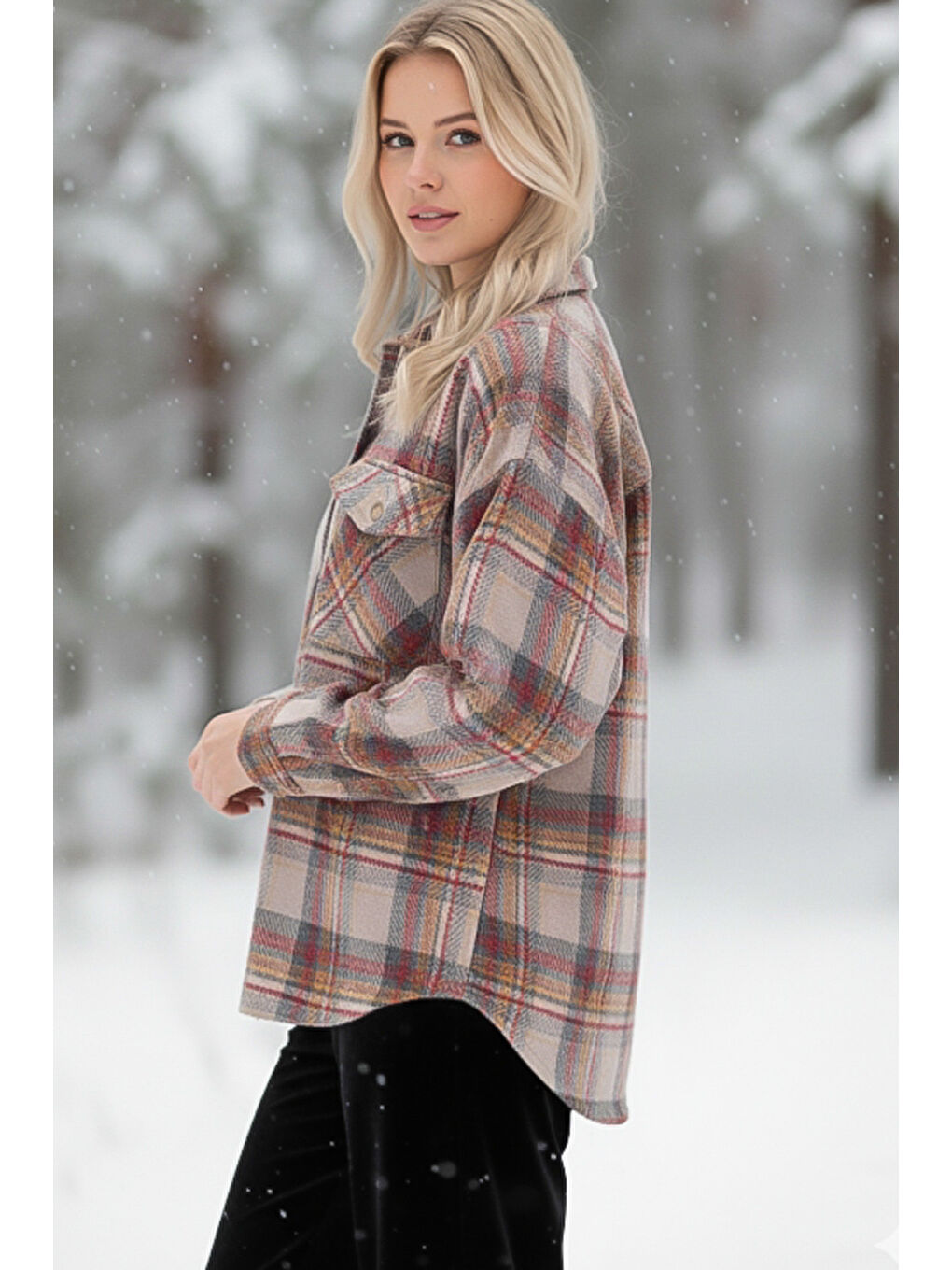 Bej Gömlek Yaka Manşetli Kollu Ekose Çift Kapaklı Cepli Kalın Casual Oversize Dokuma Gömlek 68 66-2