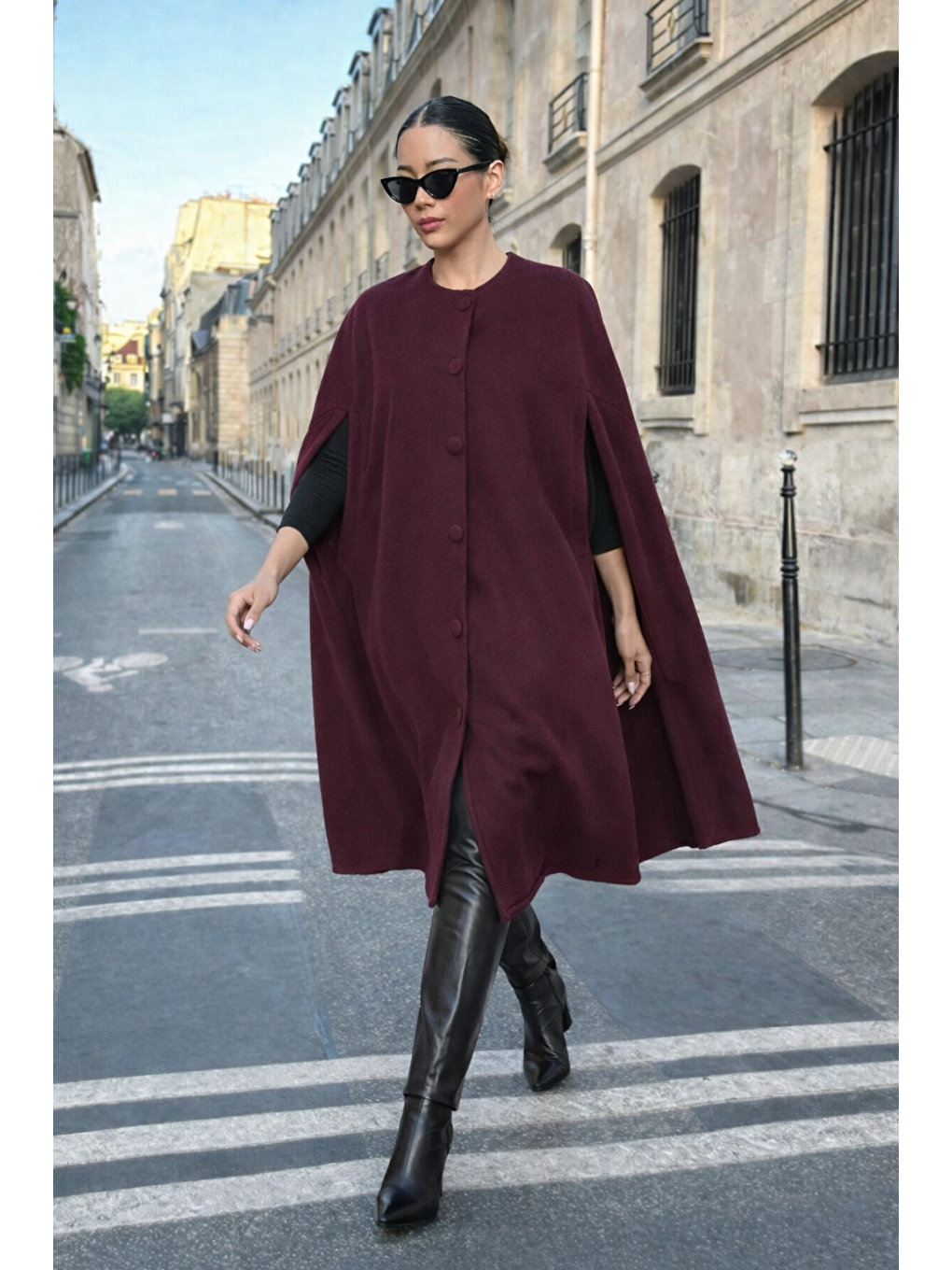 Kadın Günlük Kolsuz Bol Bordo Kaşe Panço-3