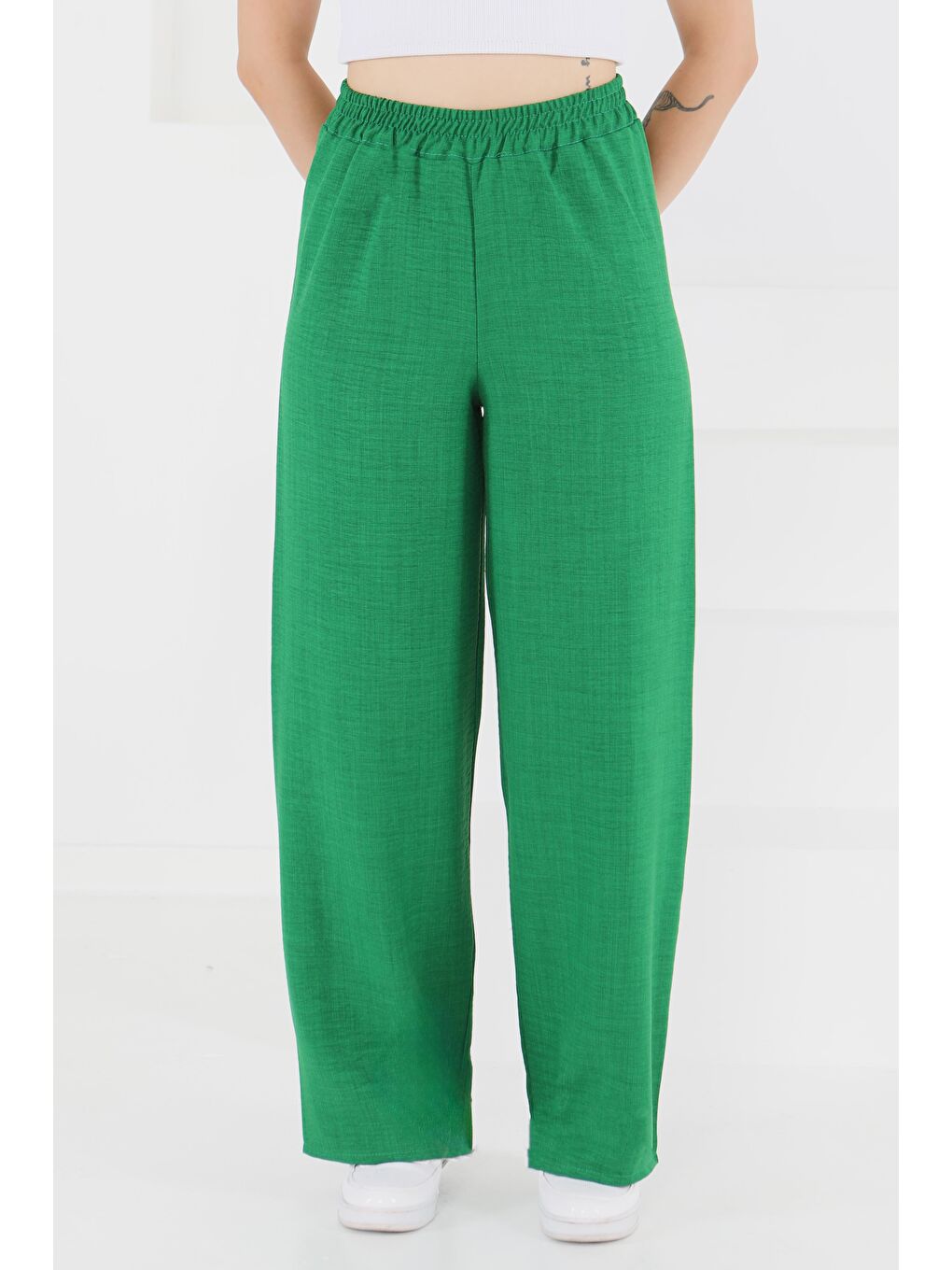 Yeşil Beli Lastikli Salaş Pantolon Yesil - 27461-2