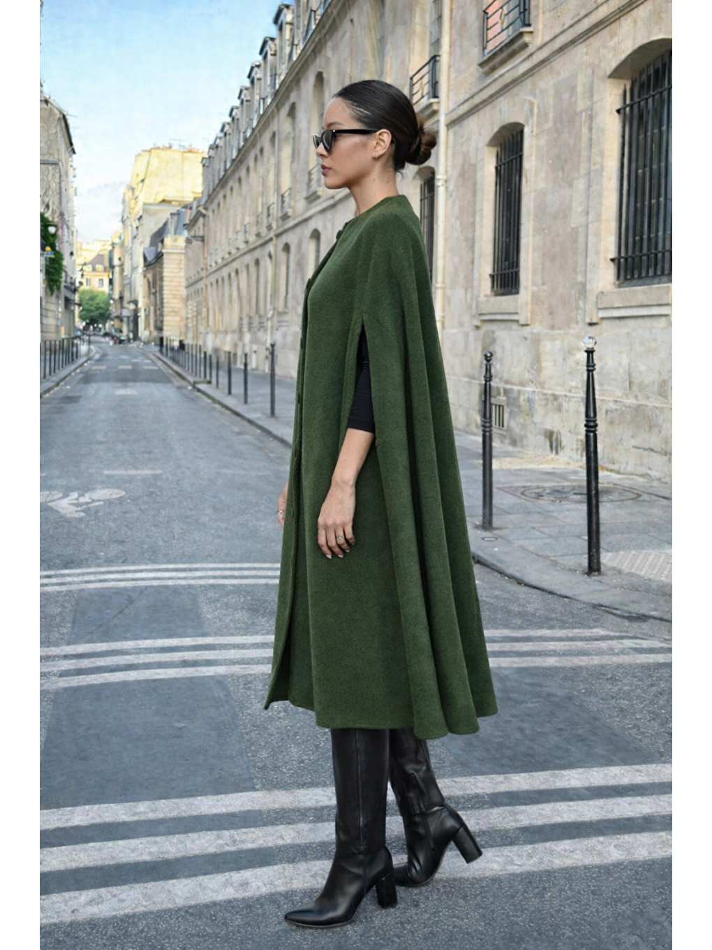 Kadın Günlük Kolsuz Bol Haki Kaşe Panço-1