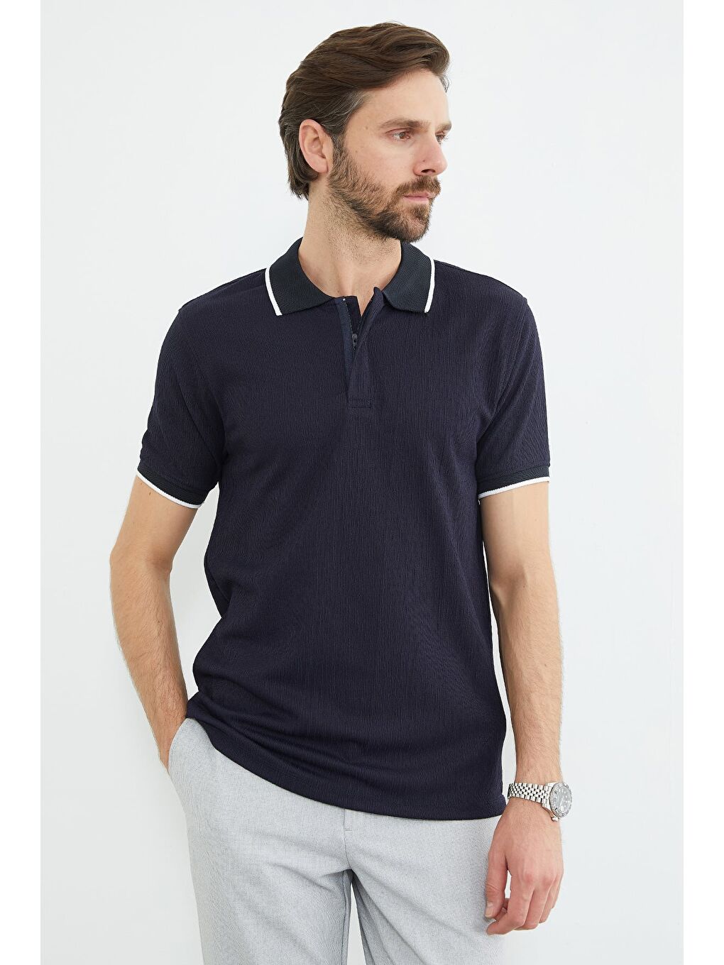 Lacivert Çizgili Yarım Fermuarlı Polo Yaka Tişört-3