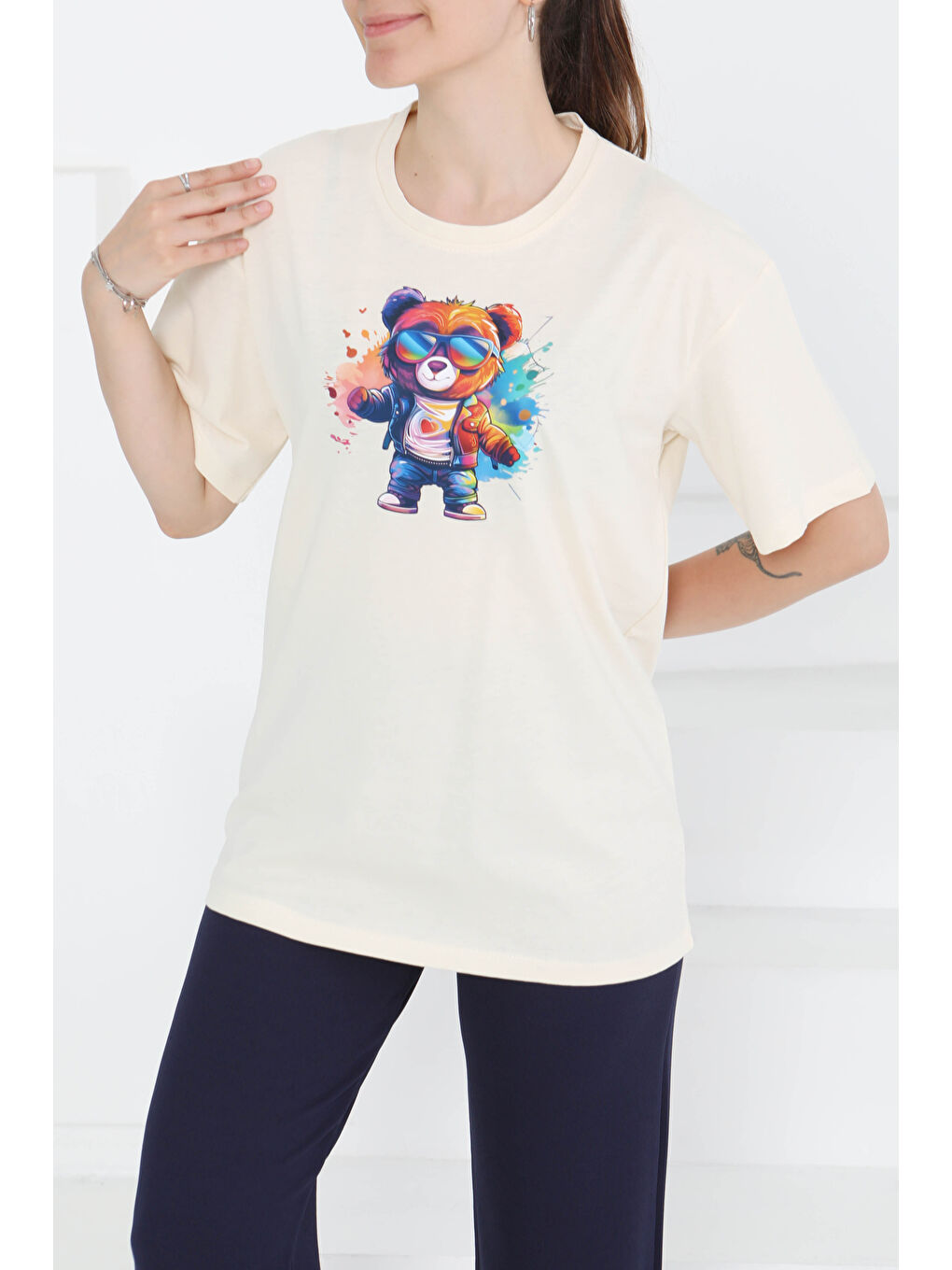 Ekru Baskılı Kısa Kollu T-Şhirt Krem - 27349