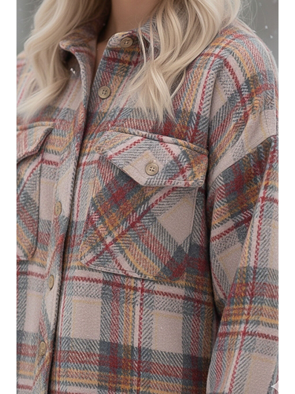 Bej Gömlek Yaka Manşetli Kollu Ekose Çift Kapaklı Cepli Kalın Casual Oversize Dokuma Gömlek 68 66-4