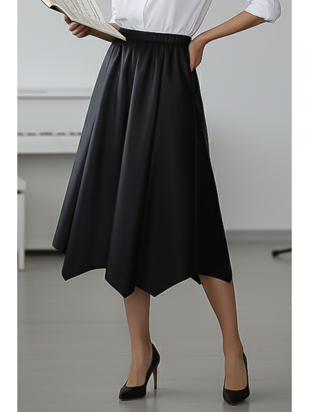 Siyah İnce Lastikli Bel Casual Suni Deri Dokuma Etek 80 66