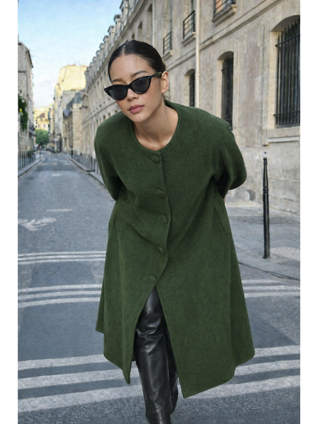 Kadın Günlük Kolsuz Bol Haki Kaşe Panço-2