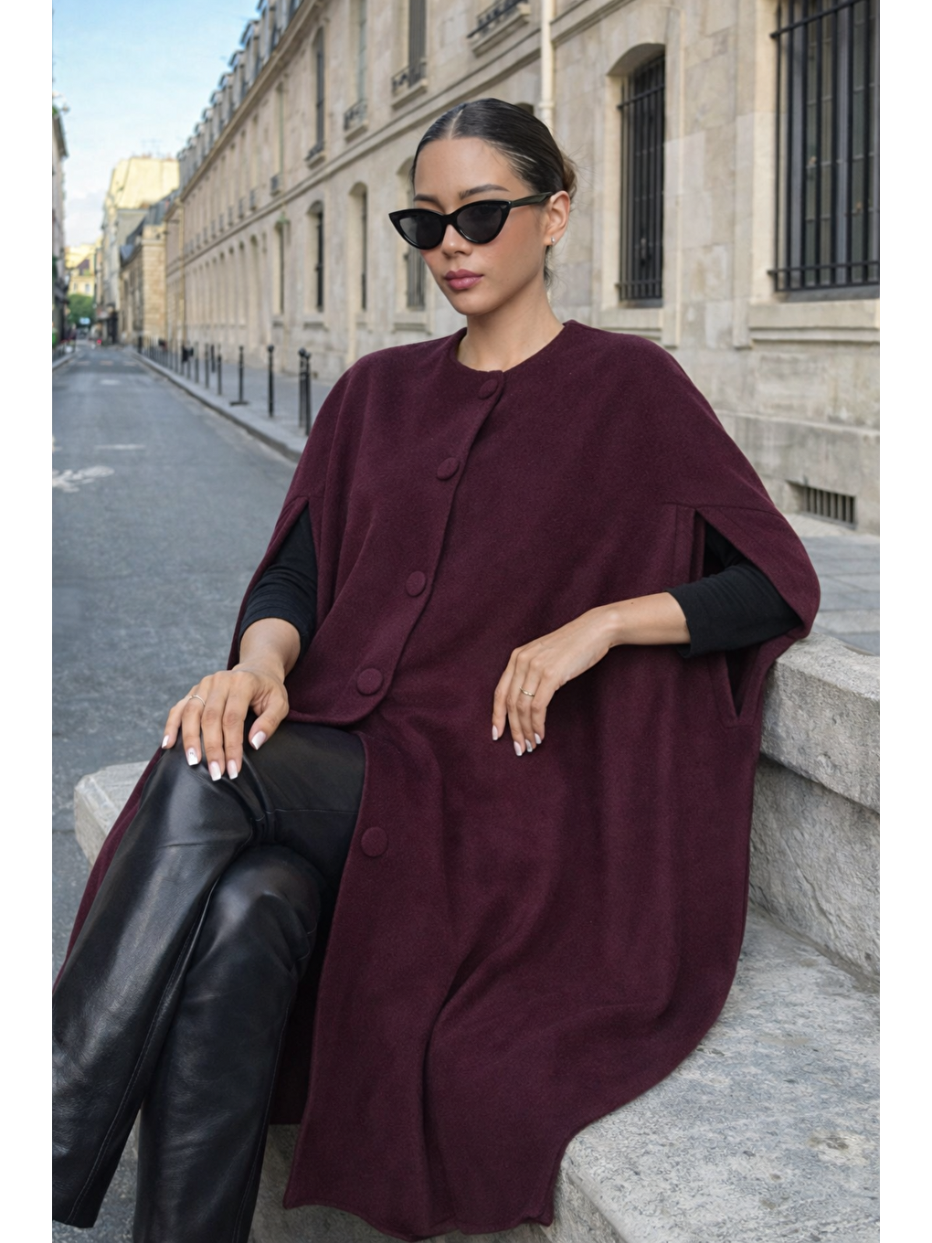 Kadın Günlük Kolsuz Bol Bordo Kaşe Panço-4