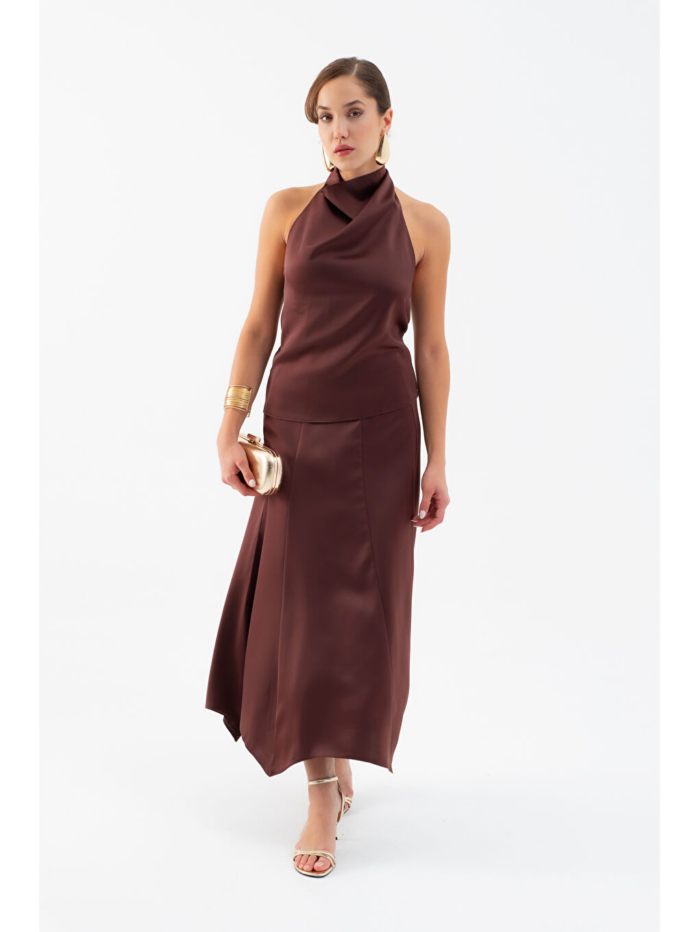 Kadın Kahverengi Degaje Yaka Saten Etek Bluz Takım-1