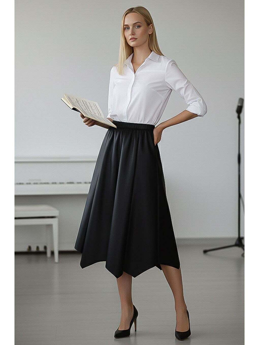 Siyah İnce Lastikli Bel Casual Suni Deri Dokuma Etek 80 66-1