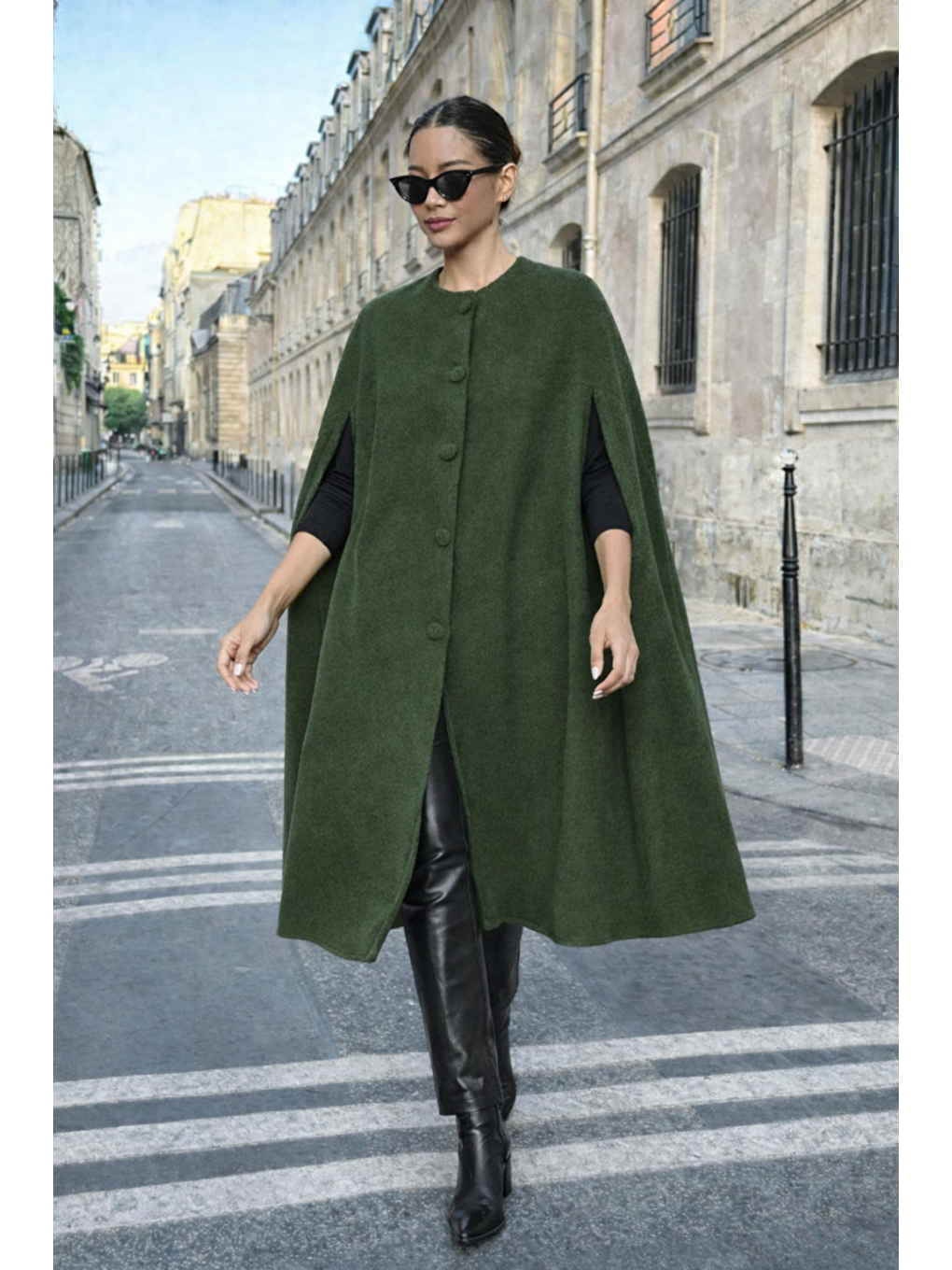 Kadın Günlük Kolsuz Bol Haki Kaşe Panço-3