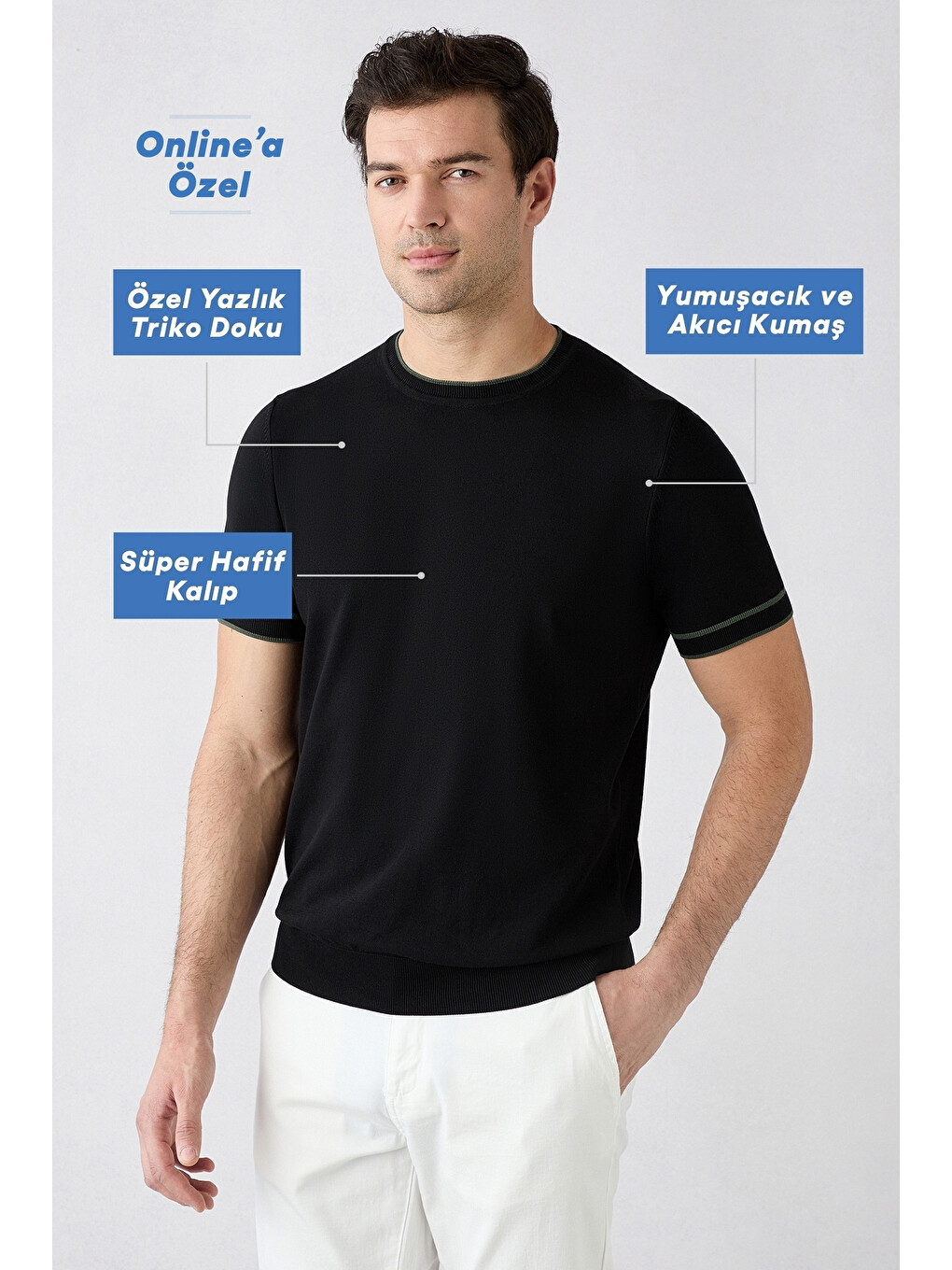 Siyah Bisiklet Yaka Regular Fit Ribana Detaylı Örme Tişört