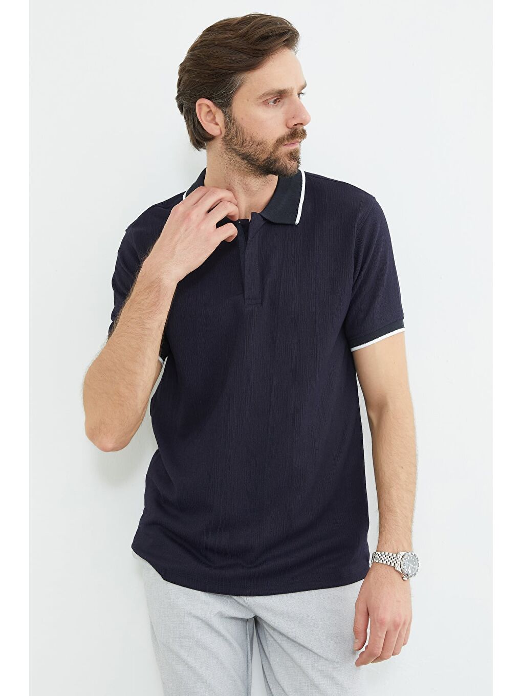 Lacivert Çizgili Yarım Fermuarlı Polo Yaka Tişört-4