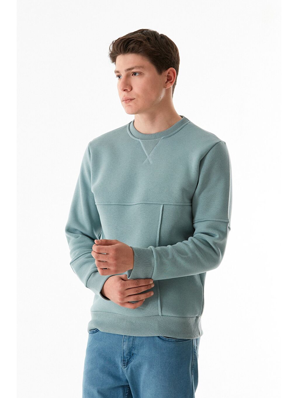 Fullamoda Yeşil 3 İplik Basic Bisiklet Yaka Sweatshirt