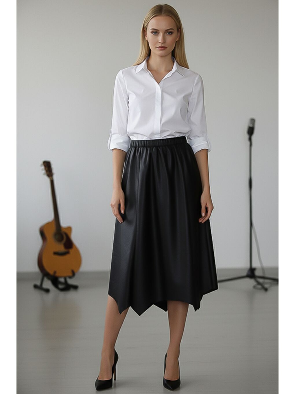 Siyah İnce Lastikli Bel Casual Suni Deri Dokuma Etek 80 66-2