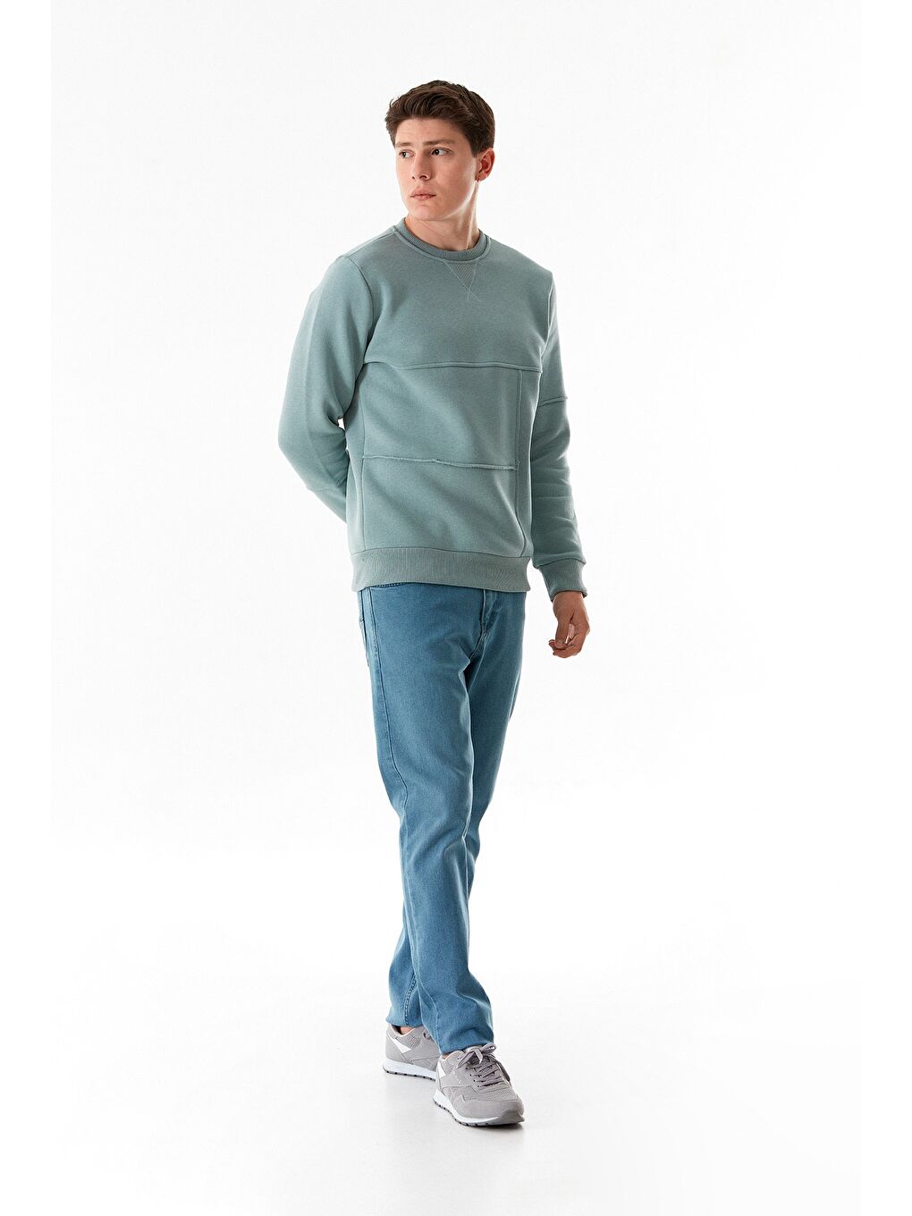 Fullamoda Yeşil 3 İplik Basic Bisiklet Yaka Sweatshirt - 1