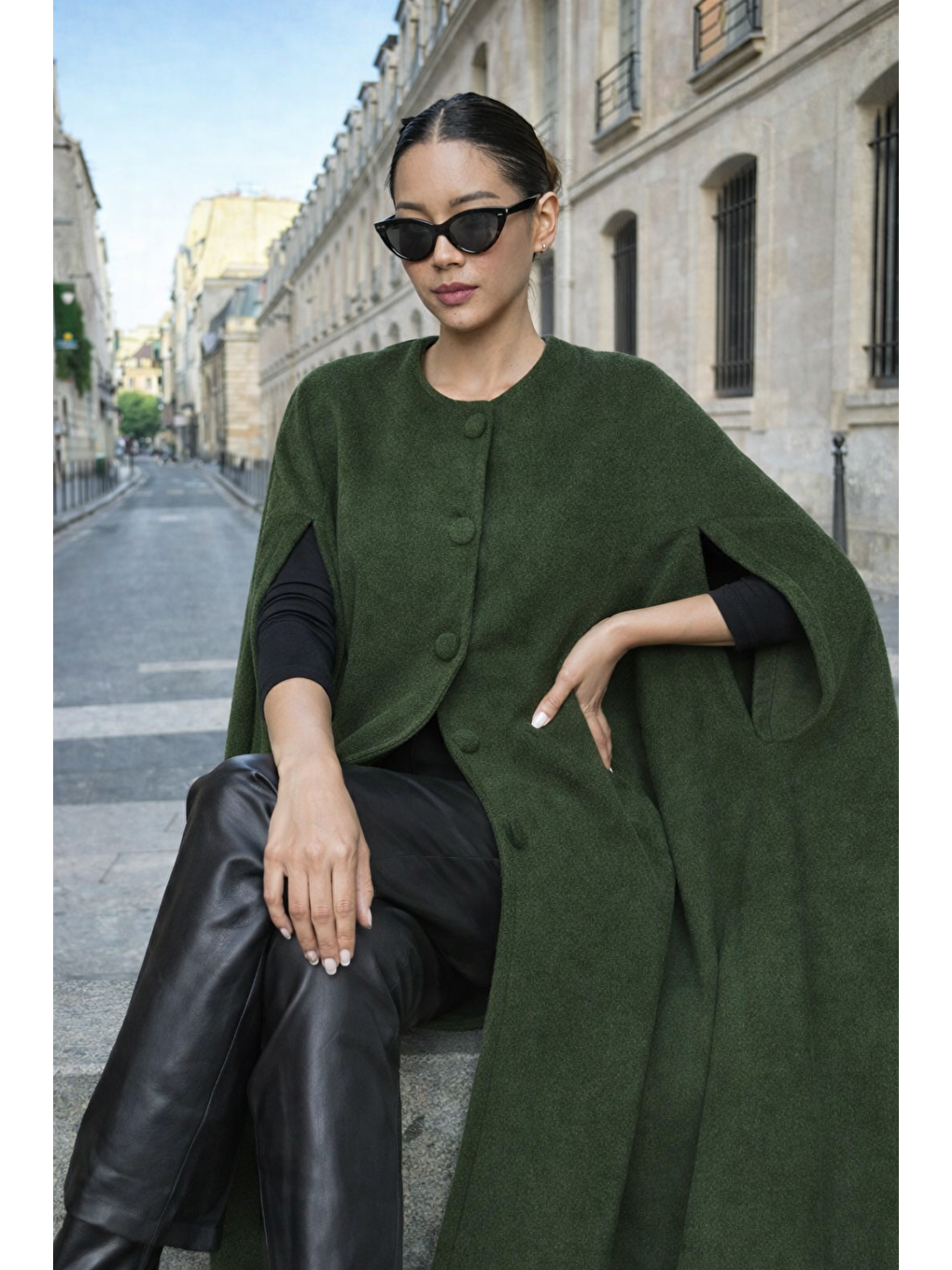 Kadın Günlük Kolsuz Bol Haki Kaşe Panço-4