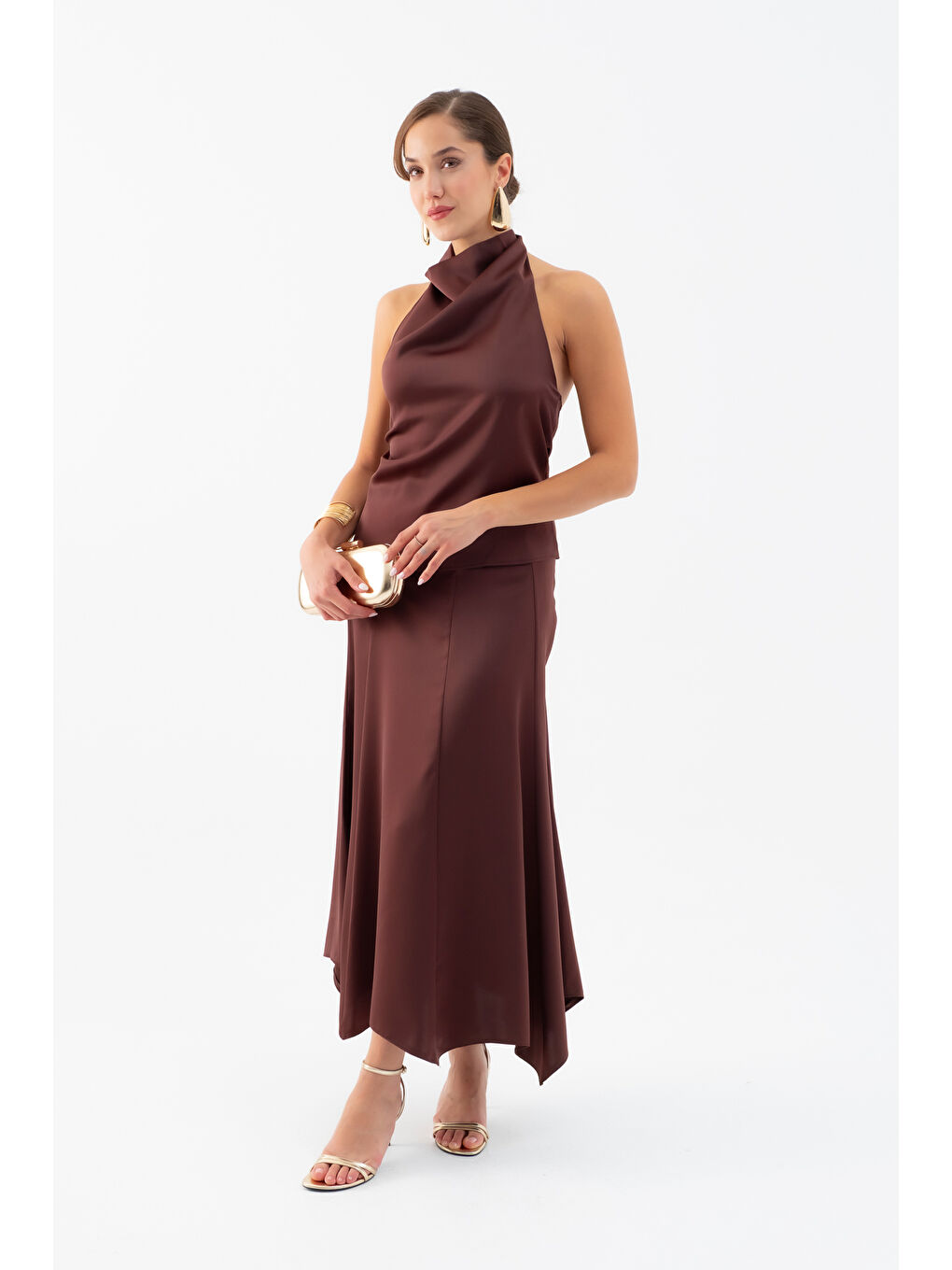 Kadın Kahverengi Degaje Yaka Saten Etek Bluz Takım-2