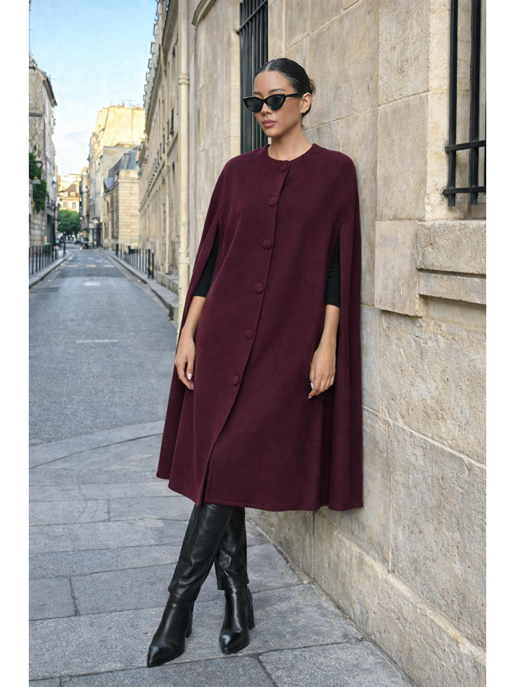 Kadın Günlük Kolsuz Bol Bordo Kaşe Panço-5