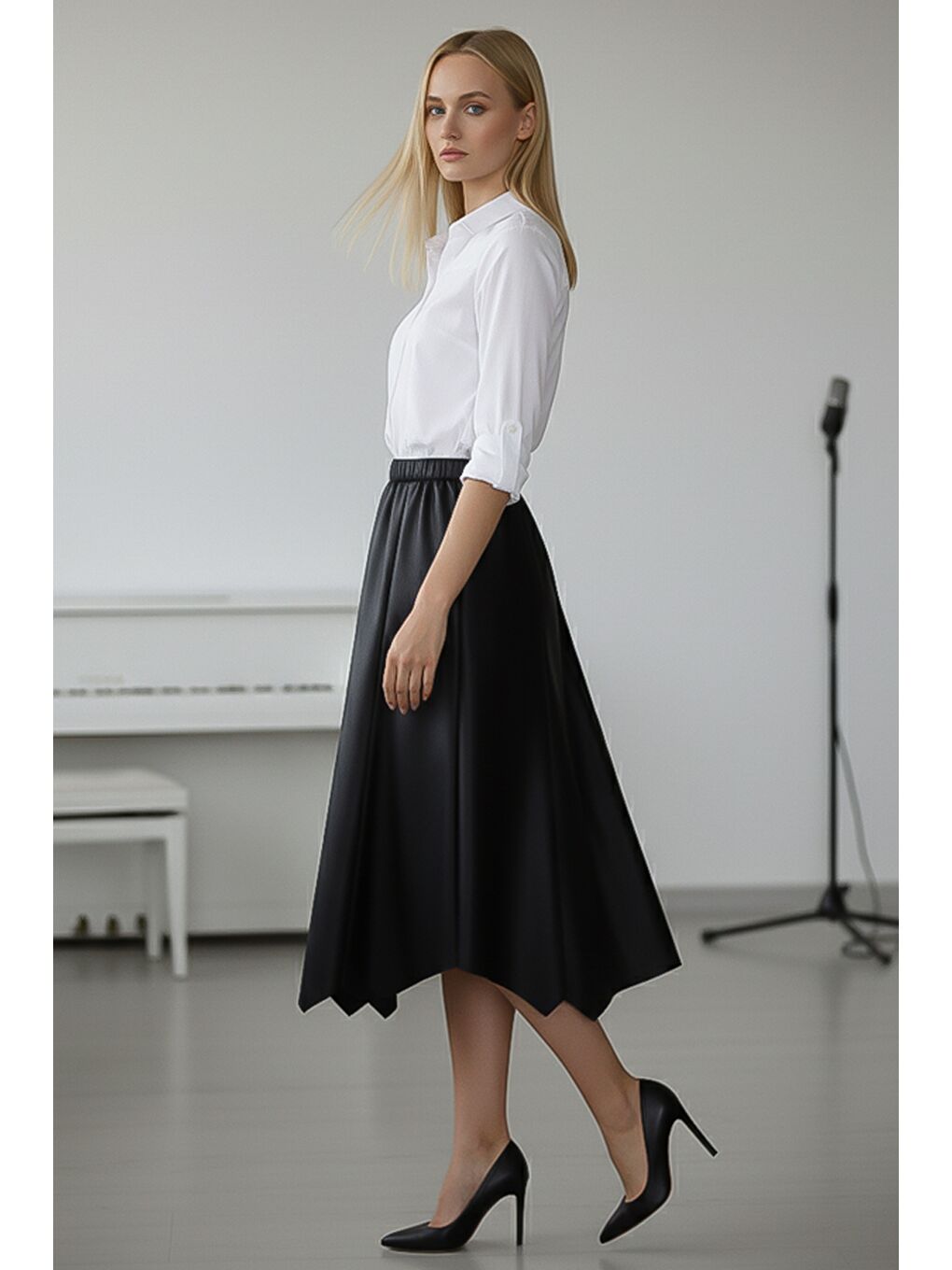 Siyah İnce Lastikli Bel Casual Suni Deri Dokuma Etek 80 66-3