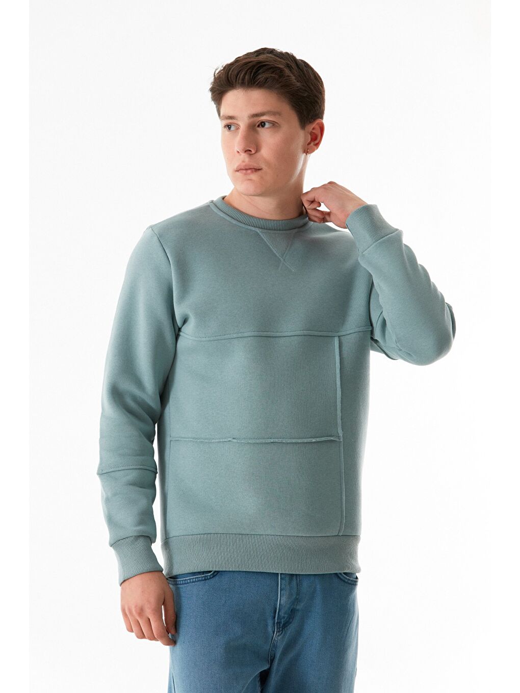 Fullamoda Yeşil 3 İplik Basic Bisiklet Yaka Sweatshirt - 2