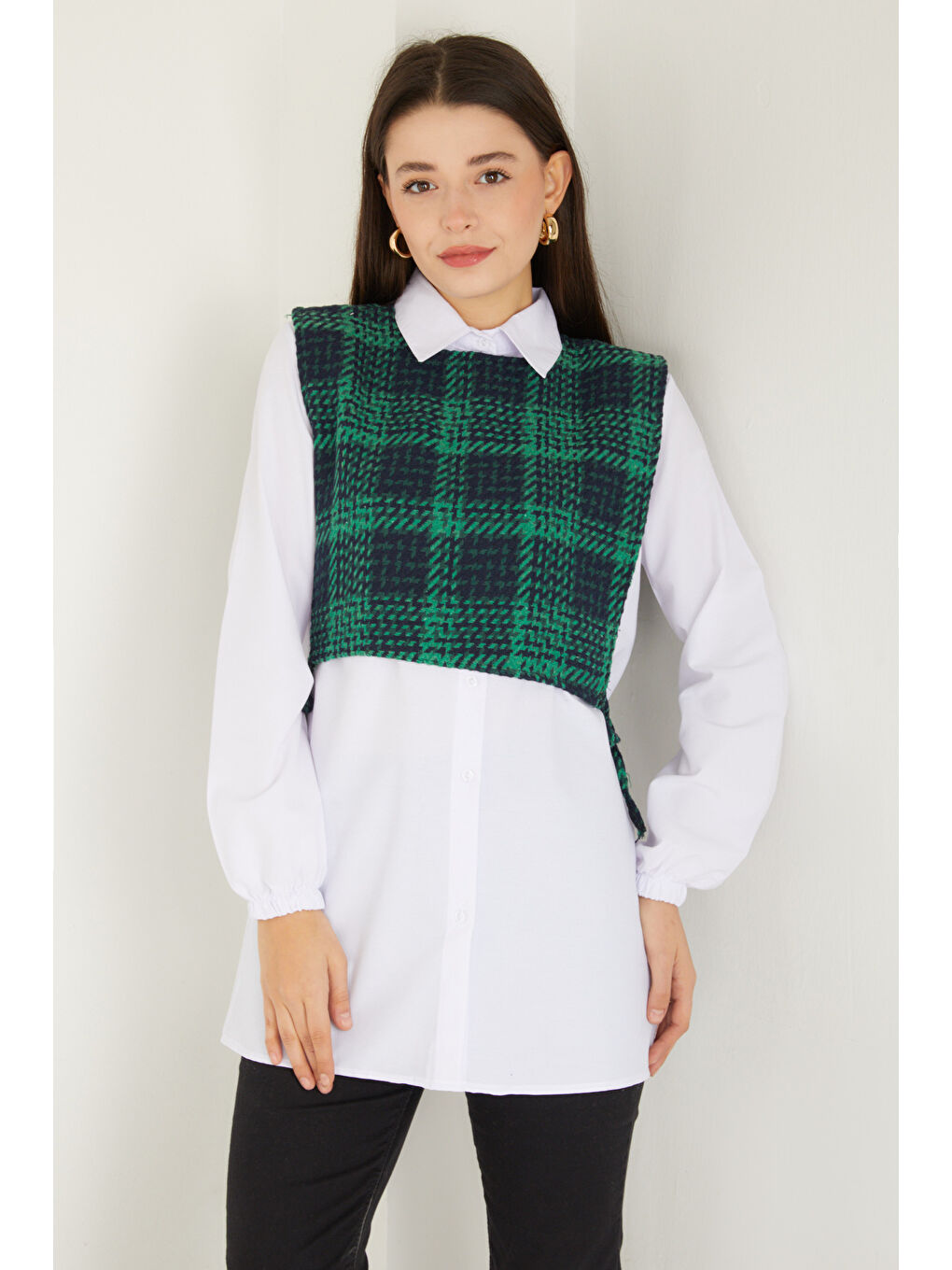 Gömlek Yaka Kadın Siyah Gömlek Süveter İkili Takım - 13347