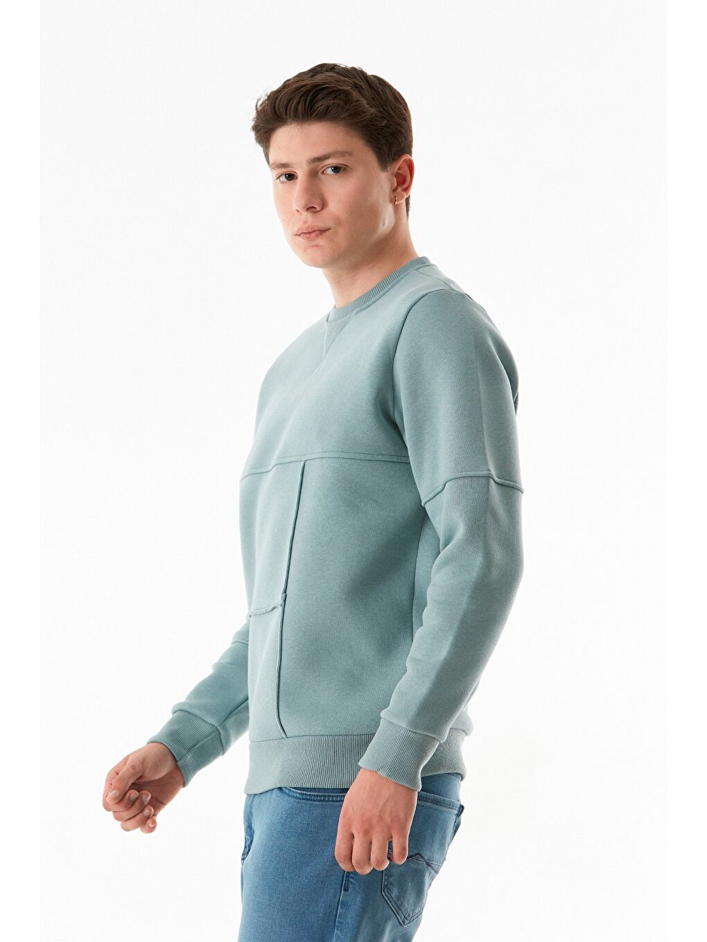 Fullamoda Yeşil 3 İplik Basic Bisiklet Yaka Sweatshirt - 3