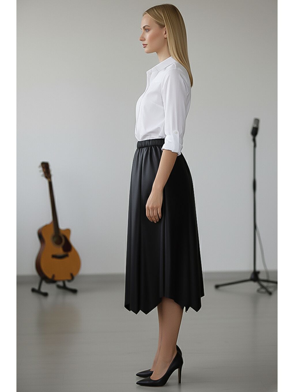 Siyah İnce Lastikli Bel Casual Suni Deri Dokuma Etek 80 66-4