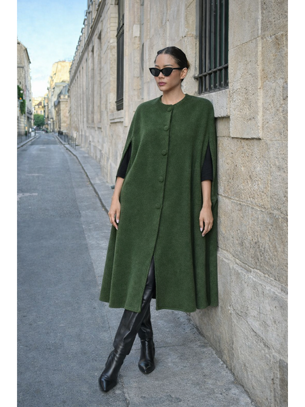 Kadın Günlük Kolsuz Bol Haki Kaşe Panço-5