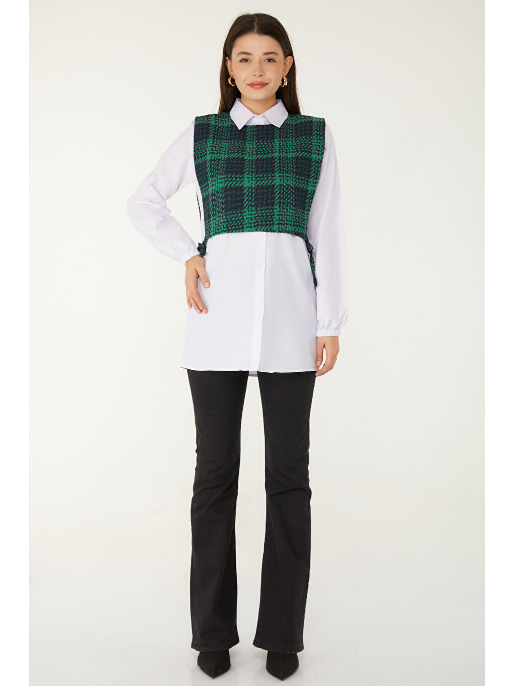 Gömlek Yaka Kadın Siyah Gömlek Süveter İkili Takım - 13347-1