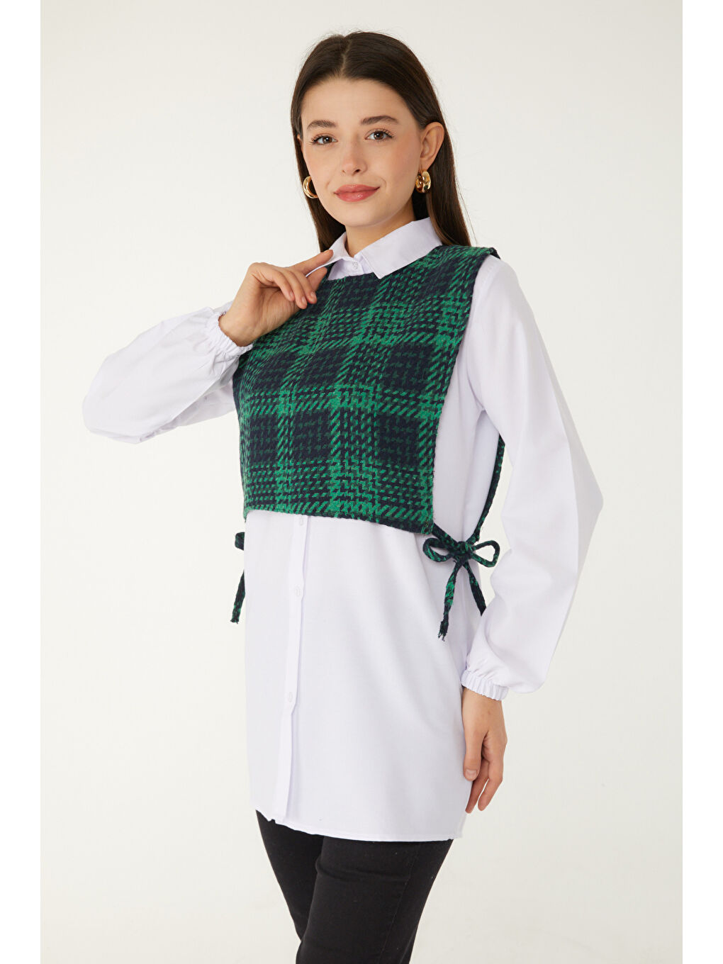 Gömlek Yaka Kadın Siyah Gömlek Süveter İkili Takım - 13347-3