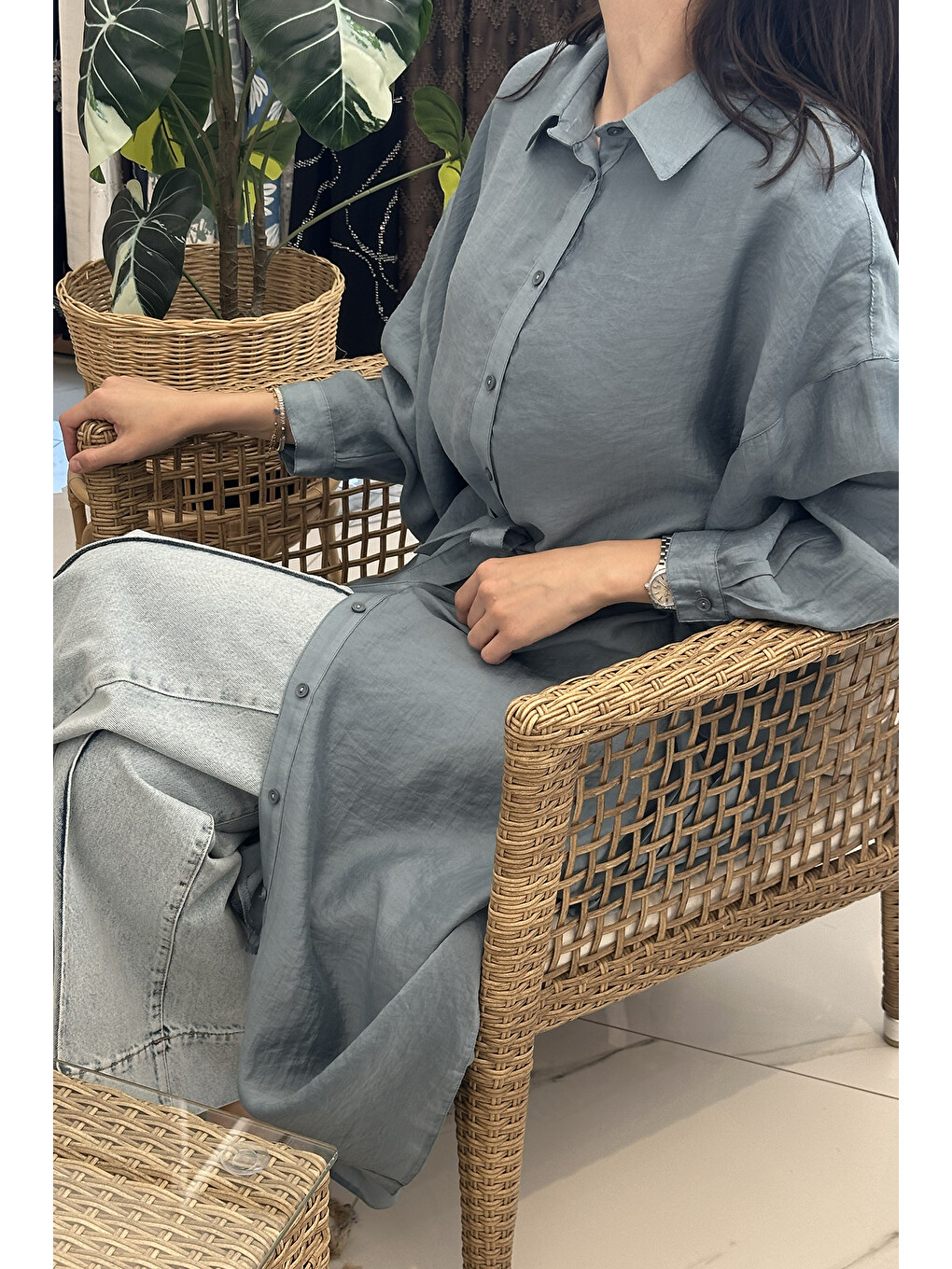 Çift Katlı Kuşaklı Nil Tunik 165 Mavi-4