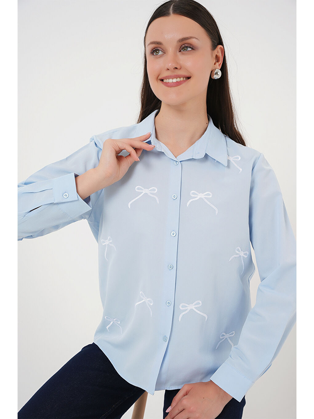 Kadın Fiyonk Detay Gömlek 20311 - Mavi-3
