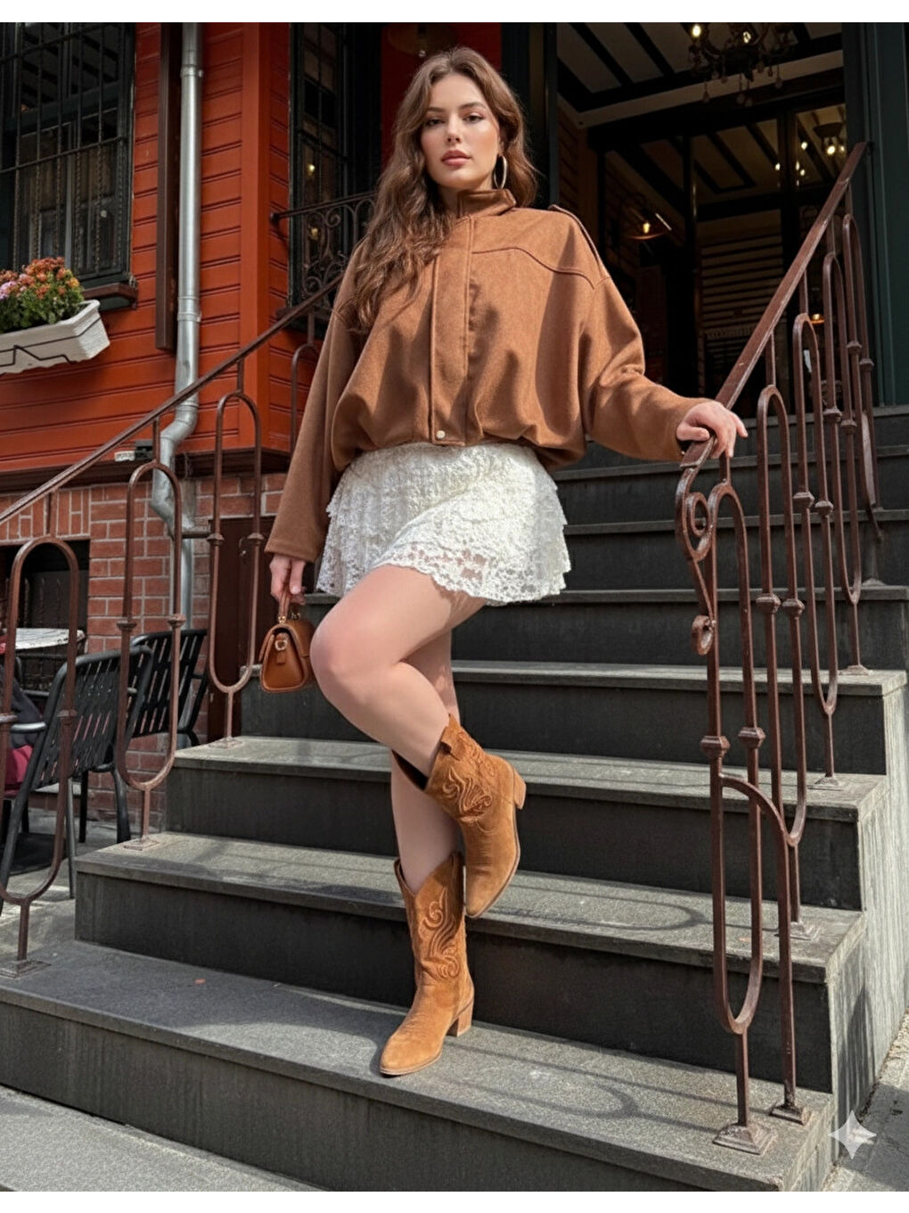 Kahverengi Kadın Kiremit Oversize Fermuar ve Çıt Çıt Kapamalı Cepsiz Süet Deri Ceket HZL25W-BD107301-3