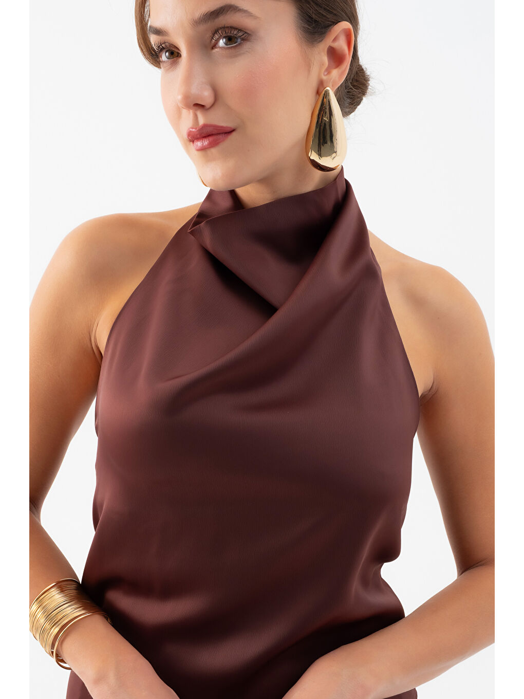 Kadın Kahverengi Degaje Yaka Saten Etek Bluz Takım-4