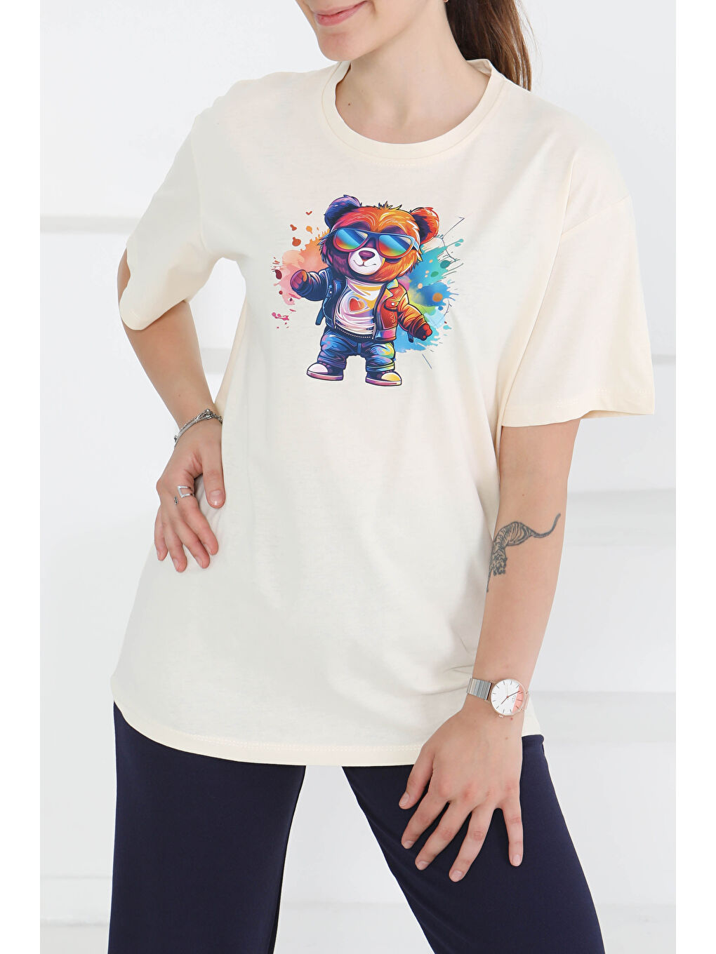 Ekru Baskılı Kısa Kollu T-Şhirt Krem - 27349-2