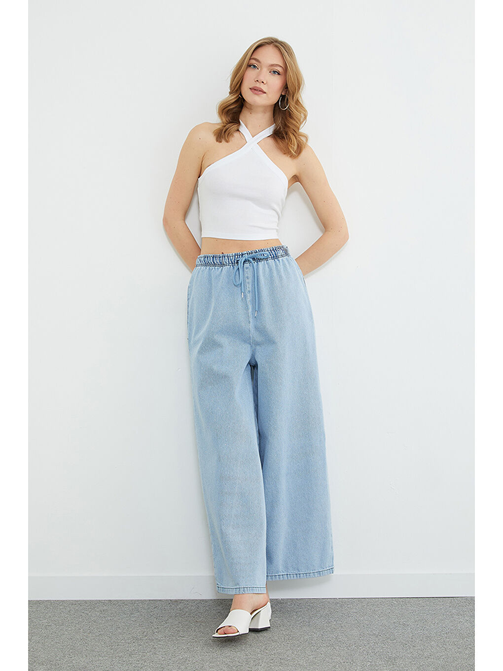 Mavi Beli Bağcıklı Taşlı Wide Leg Jean-2
