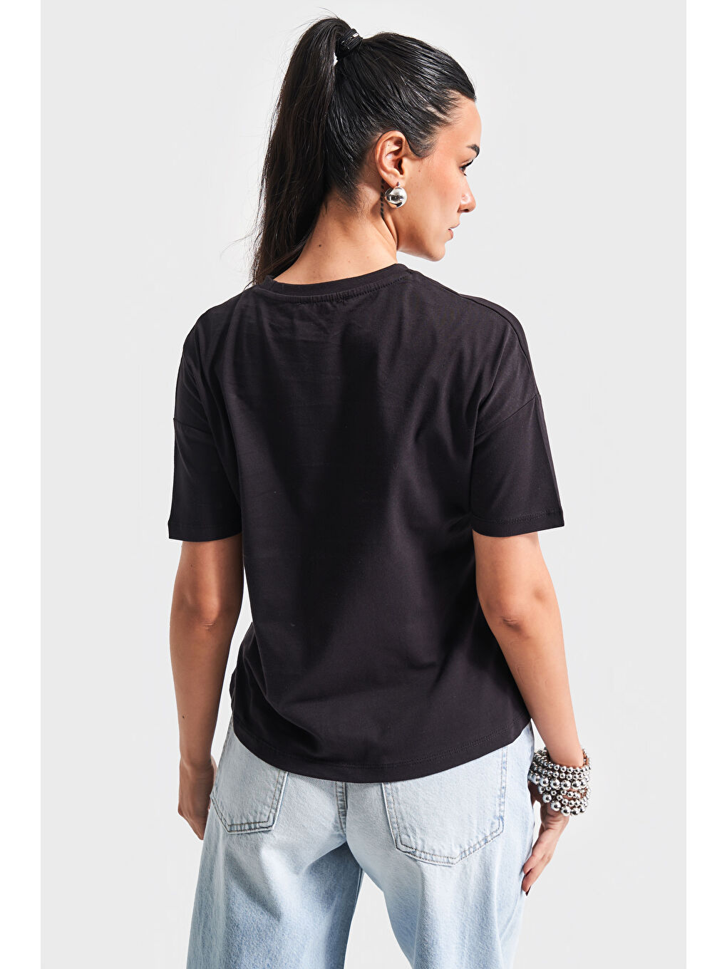 Kadın Siyah Renk S5 Bisiklet Yaka Basic T-Shirt-3