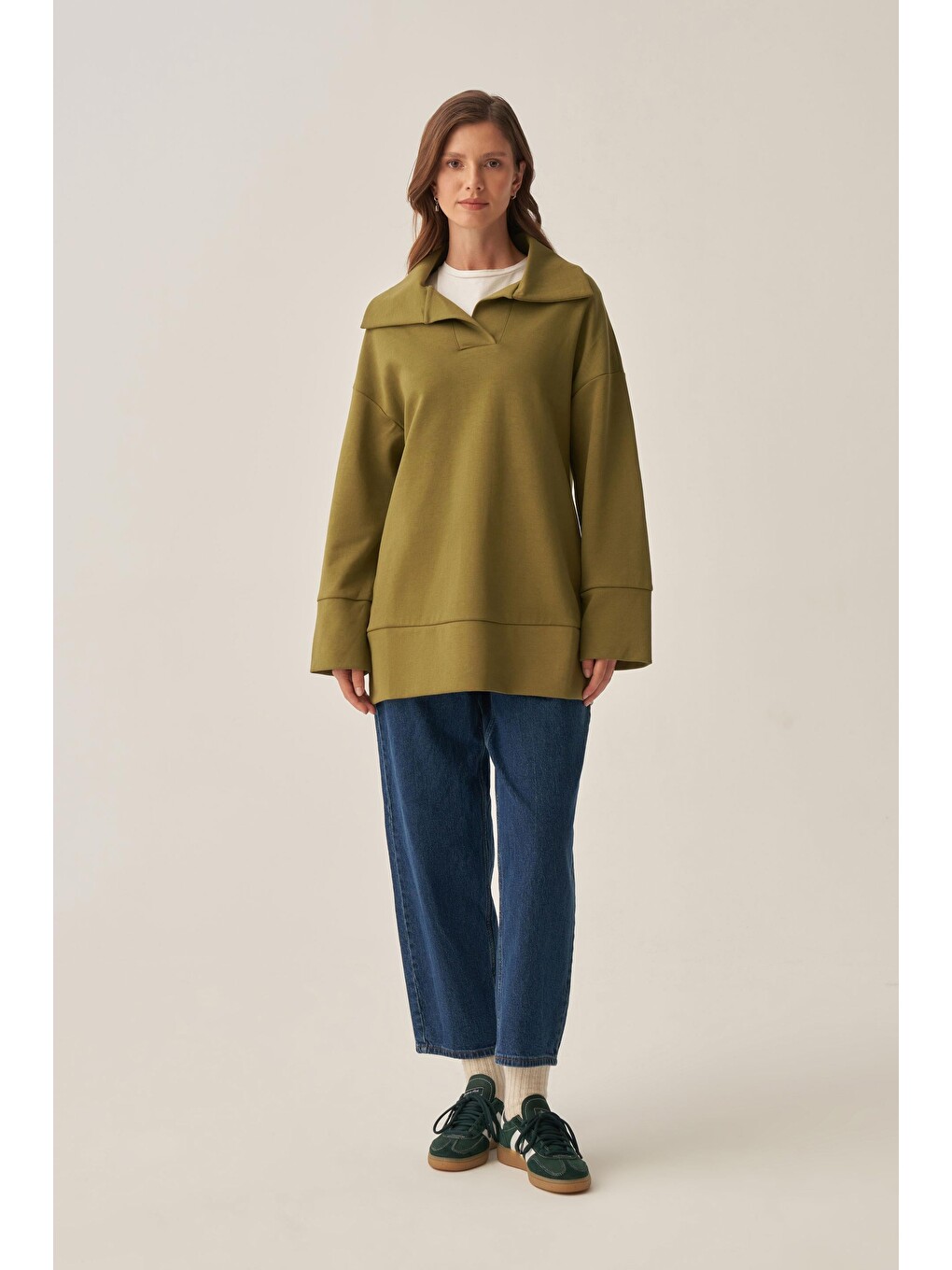 Yağ Yeşili-polo Yaka İnterlok Sweatshirt