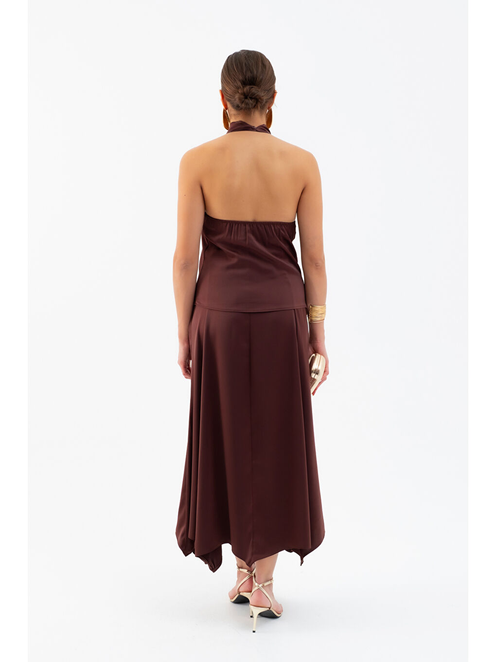 Kadın Kahverengi Degaje Yaka Saten Etek Bluz Takım-5