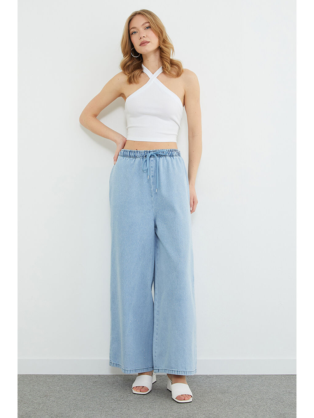 Mavi Beli Bağcıklı Taşlı Wide Leg Jean-3