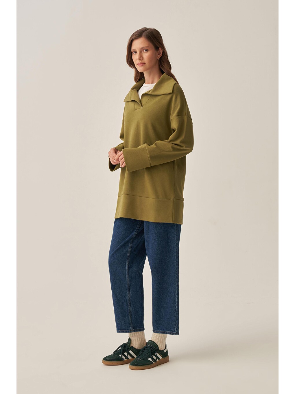 Yağ Yeşili-polo Yaka İnterlok Sweatshirt-1