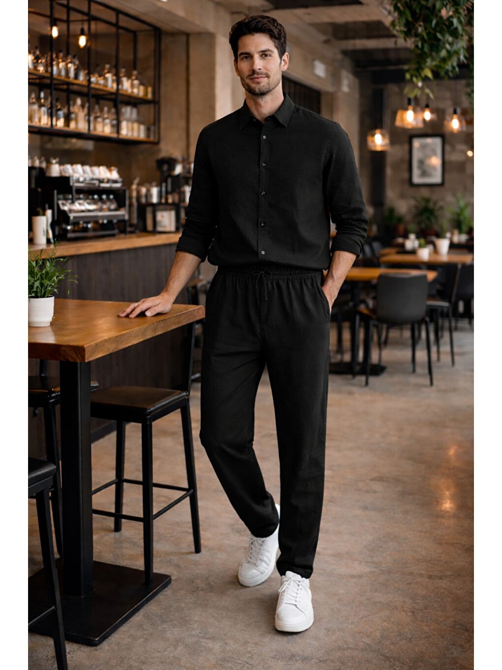 Siyah Erkek Oversize Keten Takım Salaş Kesim Gömlek Pantolon Yazlık Kombin