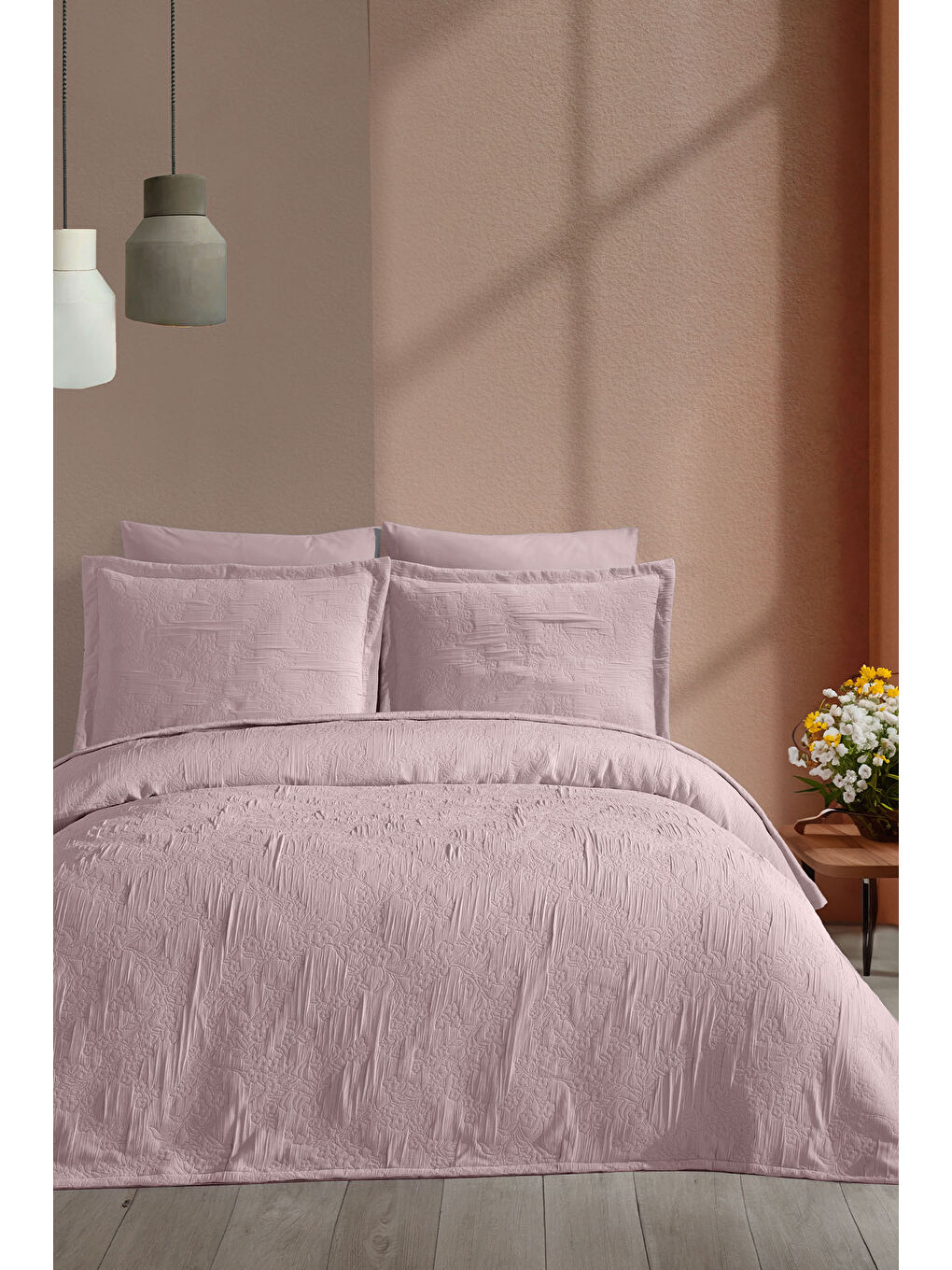 Pembe Nice Tek Kişilik Yatak Örtüsü 2 Parça (180x240 cm) Gülkurusu