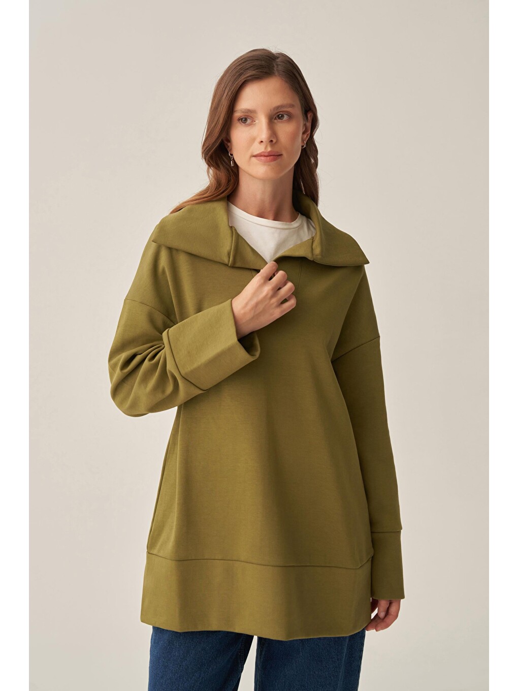 Yağ Yeşili-polo Yaka İnterlok Sweatshirt-3