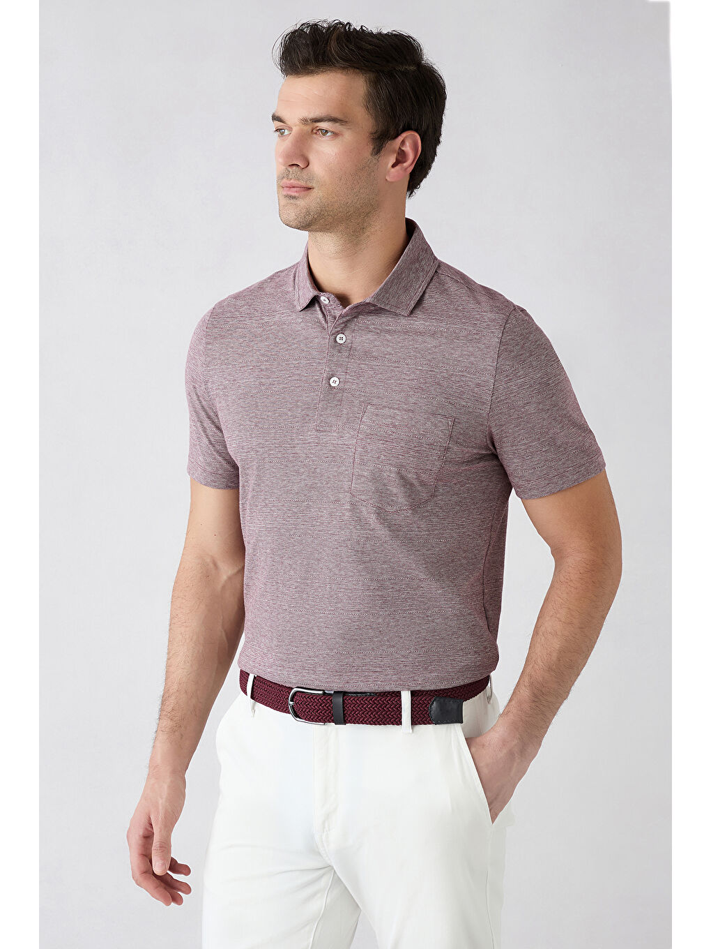 Bordo Regular Fit Düğmeli Polo Yaka Cepli Desenli %100 Pamuk Nefes Alabilen Merserize Tişört