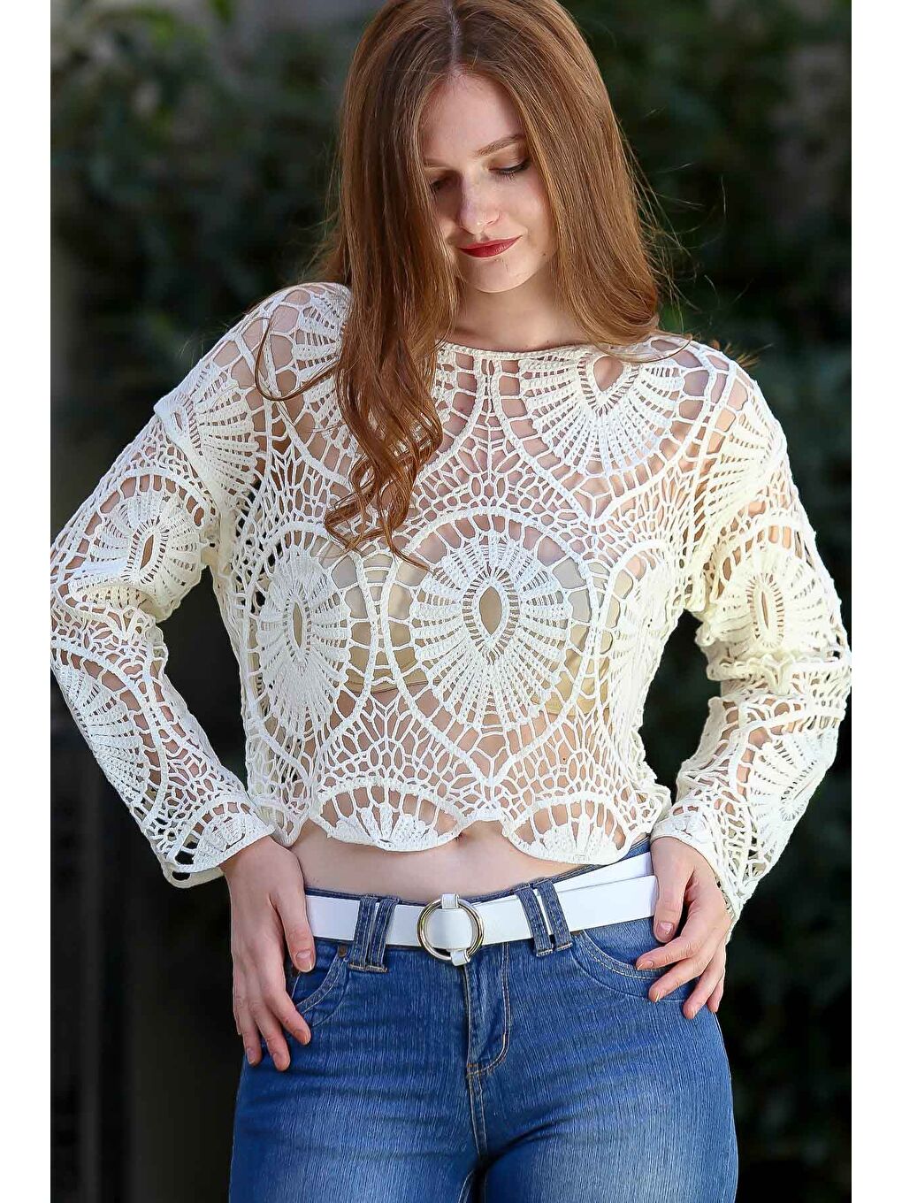 Kadın Beyaz Retro Tığ İşi Örgü Damla Desenli Triko Bluz M10010200BL95879