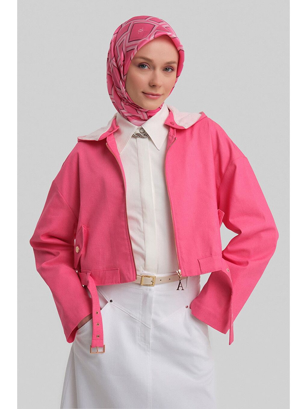 Pembe Seyyar Kapüşonlu Ve Kemerli Pamuk Ceket 24Y5406 Orkide