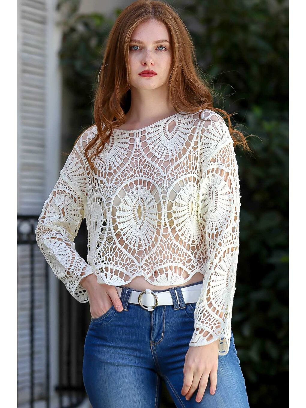 Kadın Beyaz Retro Tığ İşi Örgü Damla Desenli Triko Bluz M10010200BL95879-1